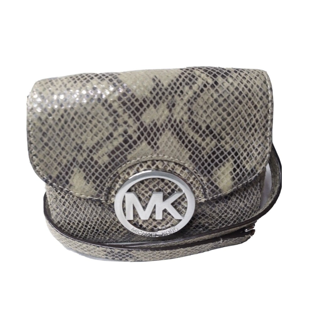 Michael Kors Fulton Crossbody Purse Suede Python Embossed Taupe & Black